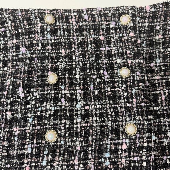 Bluivy Black & Pink Tweed Mini Skirt With Pearl Button Details Frayed Hem Lined - Picture 2 of 6